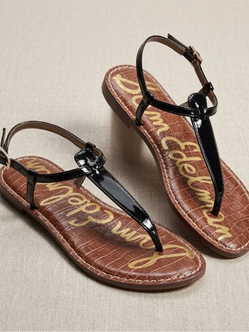 Sam Edelman Gigi Black Patent T-Strap Thong Sandals